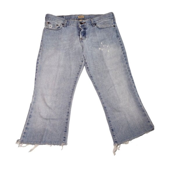 Hollister Y2K Splatter Raw Hem Capri Jeans Size 9 Button Fly Light Wash Blue Vtg - Picture 1 of 7